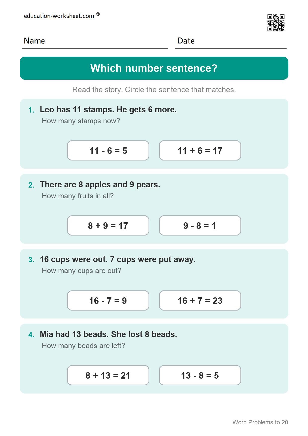 Which number sentence? (Set 11) - Free Word Problems to 20 Worksheets for Grade 1 - Math