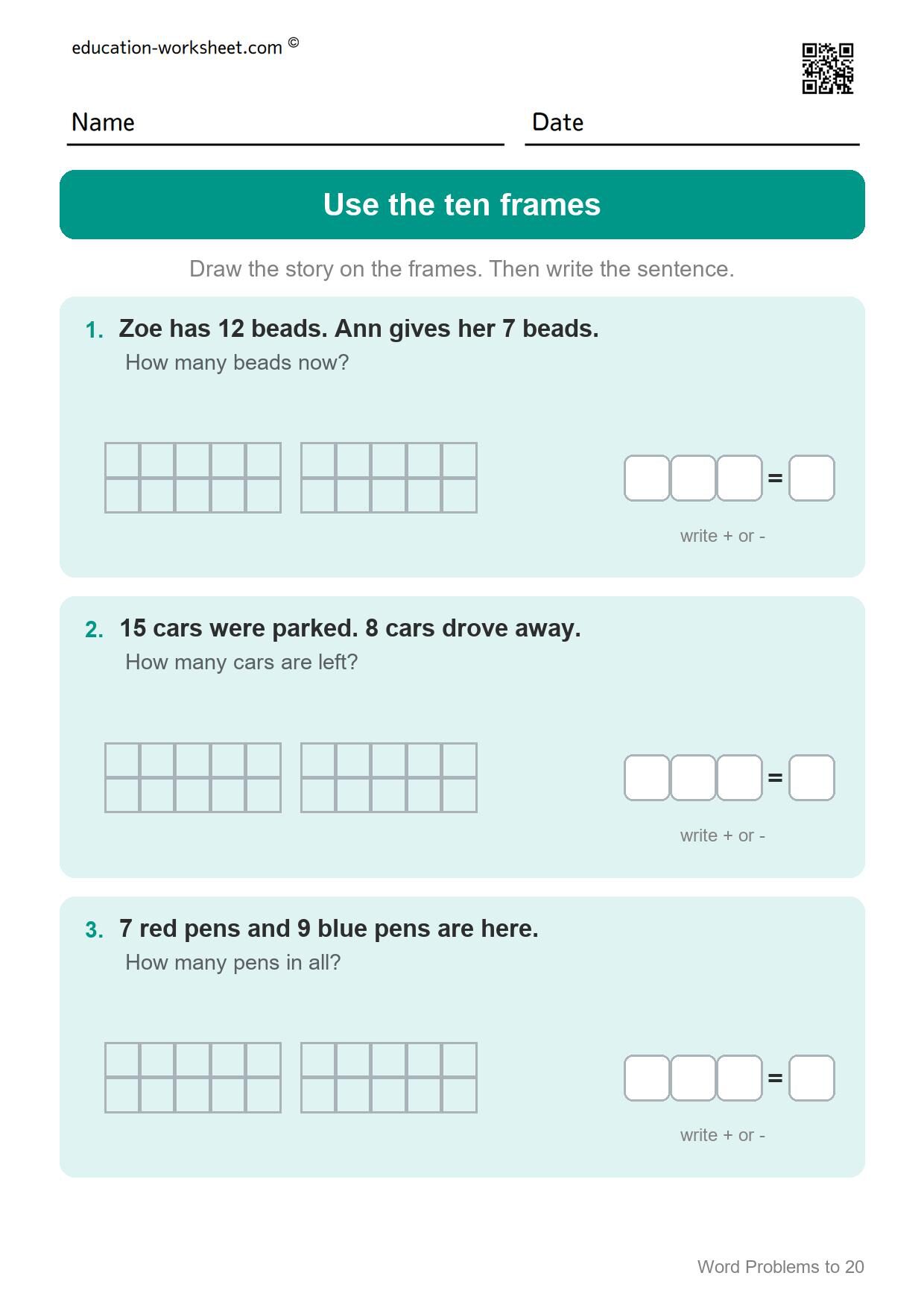 Use the ten frames (Set 12) - Free Word Problems to 20 Worksheets for Grade 1 - Math