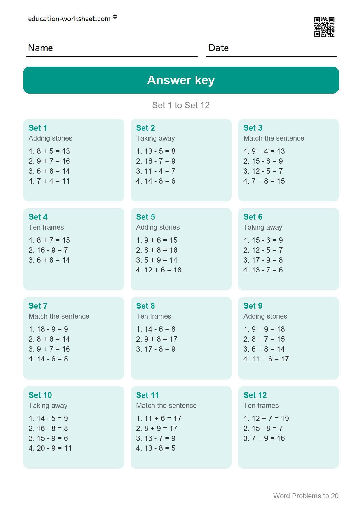 Answer key - Free Word Problems to 20 Worksheets for Grade 1 - Math