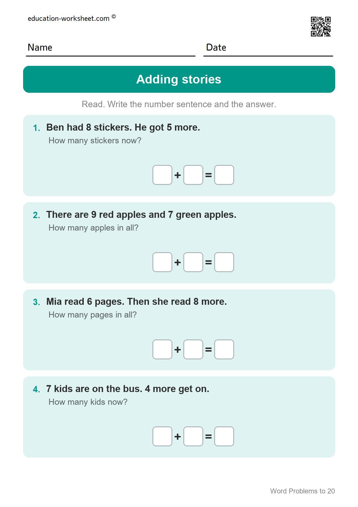 Addition word problems (Set 1) - Free Word Problems to 20 Worksheets for Grade 1 - Math