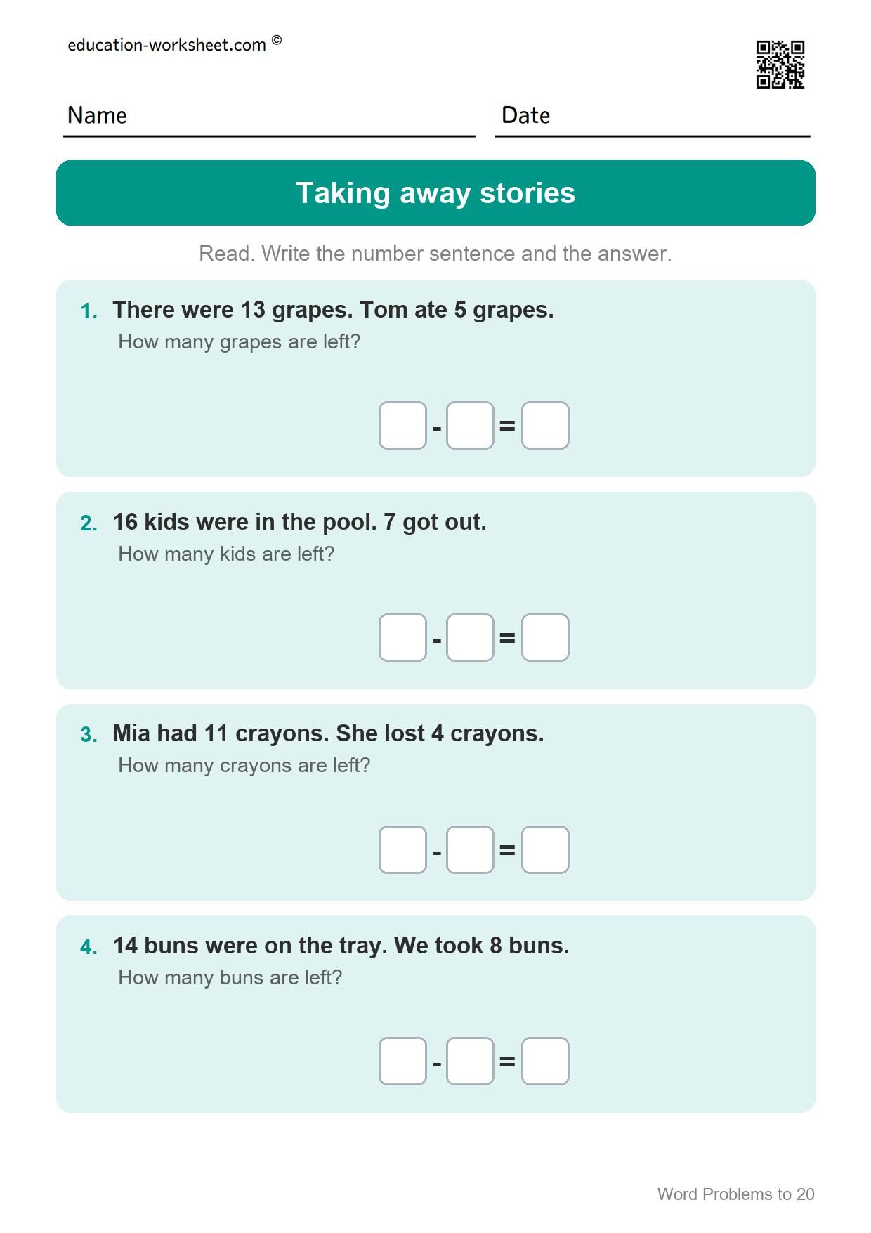 Subtraction word problems (Set 2) - Free Word Problems to 20 Worksheets for Grade 1 - Math