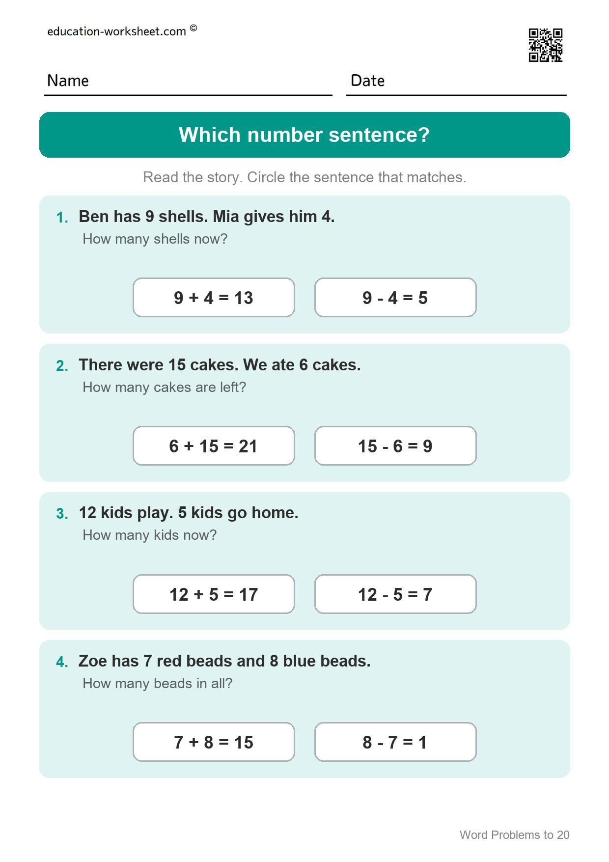 Which number sentence? (Set 3) - Free Word Problems to 20 Worksheets for Grade 1 - Math