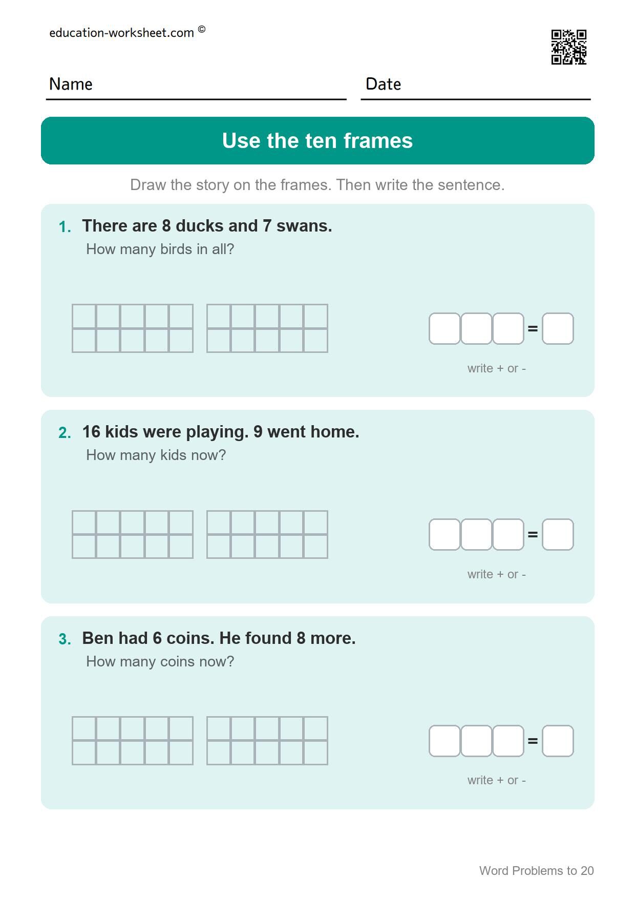 Use the ten frames (Set 4) - Free Word Problems to 20 Worksheets for Grade 1 - Math