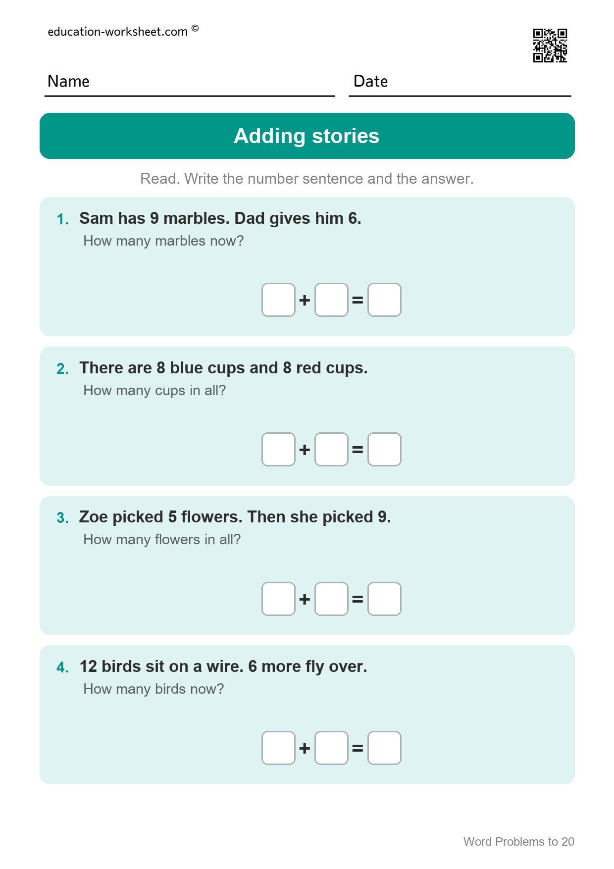Addition word problems (Set 5) - Free Word Problems to 20 Worksheets for Grade 1 - Math