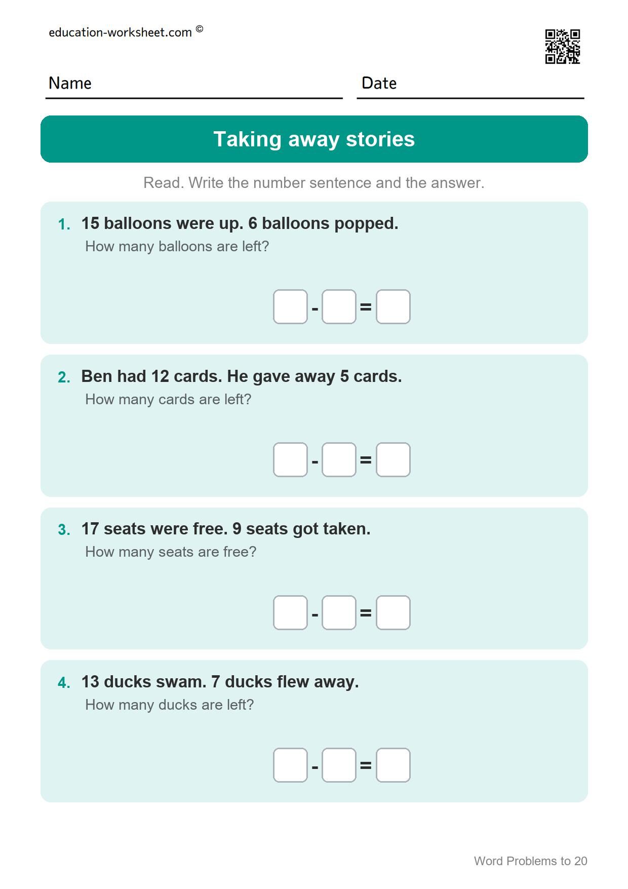 Subtraction word problems (Set 6) - Free Word Problems to 20 Worksheets for Grade 1 - Math