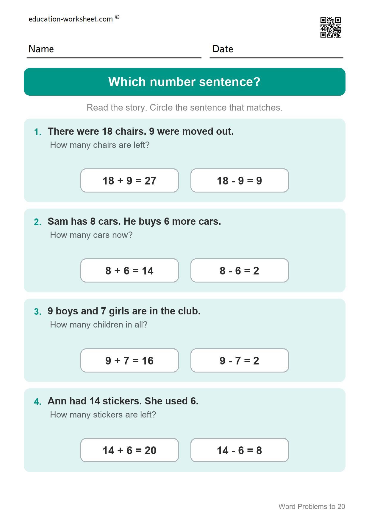 Which number sentence? (Set 7) - Free Word Problems to 20 Worksheets for Grade 1 - Math