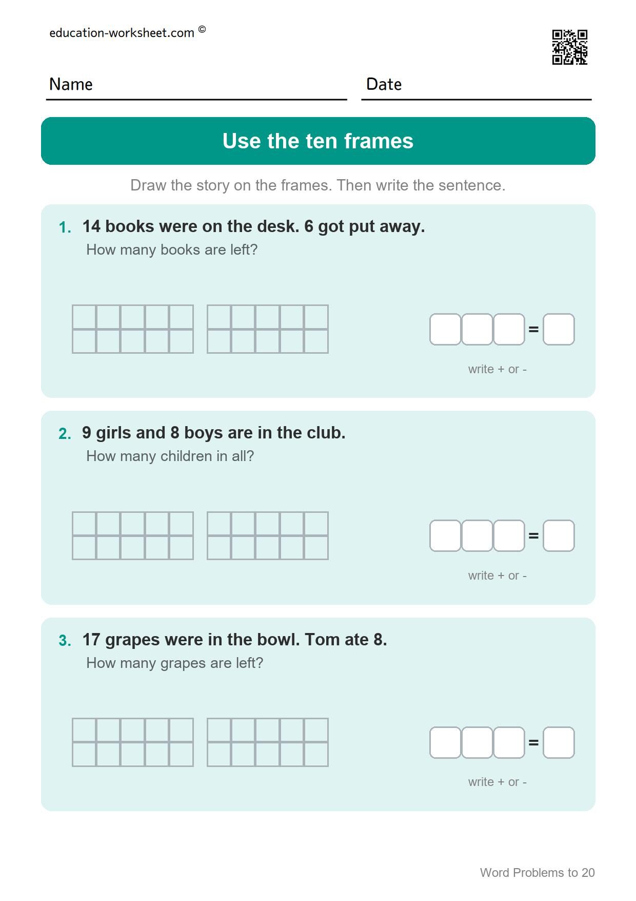 Use the ten frames (Set 8) - Free Word Problems to 20 Worksheets for Grade 1 - Math