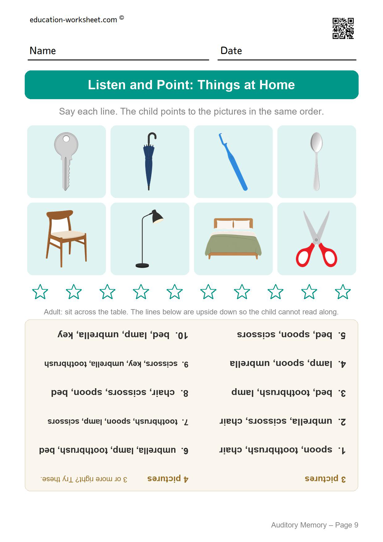 Auditory memory listen and point worksheet with eight household pictures: key, umbrella, toothbrush, spoon, chair, lamp, bed and scissors