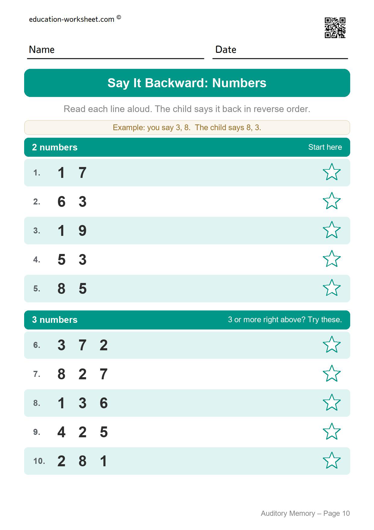 Auditory memory worksheet page 10 for saying numbers backward, with an example and ten lines of two and three numbers