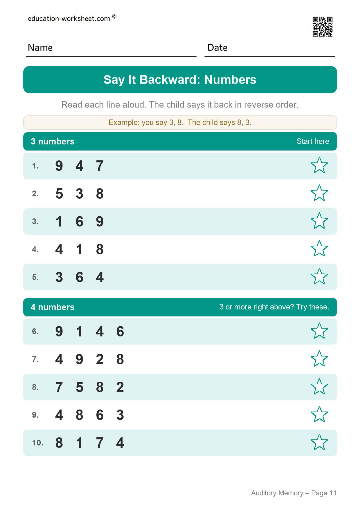 Auditory memory worksheet page 11 for saying three and four numbers backward