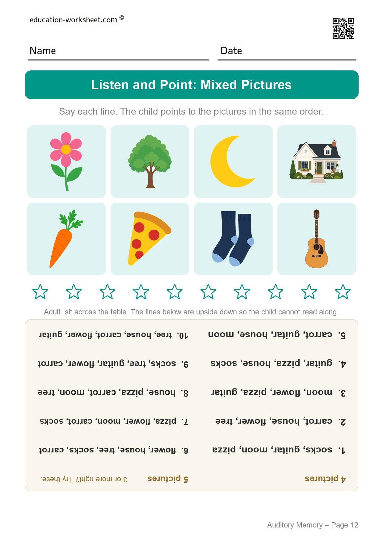 Auditory memory listen and point worksheet with eight mixed pictures: flower, tree, moon, house, carrot, pizza, socks and guitar