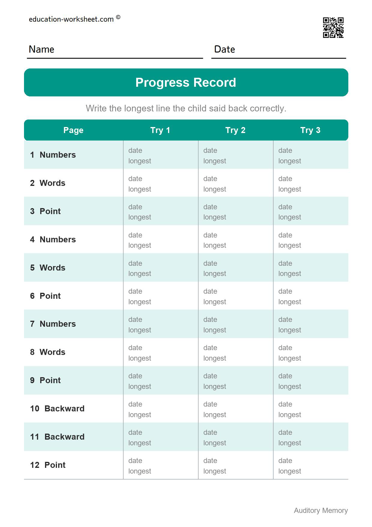 Auditory memory progress record sheet with a row for each of the 12 pages and space for the date and longest line on three tries