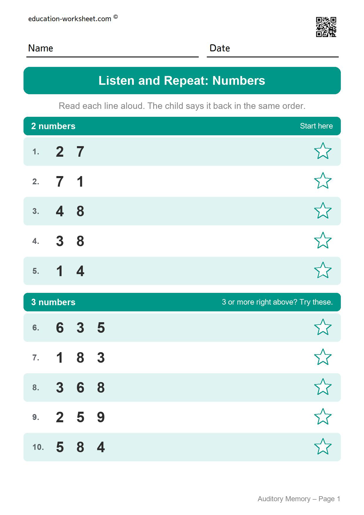 Auditory memory worksheet page 1 with ten lines of two and three numbers for a child to repeat, with a star to color for each line