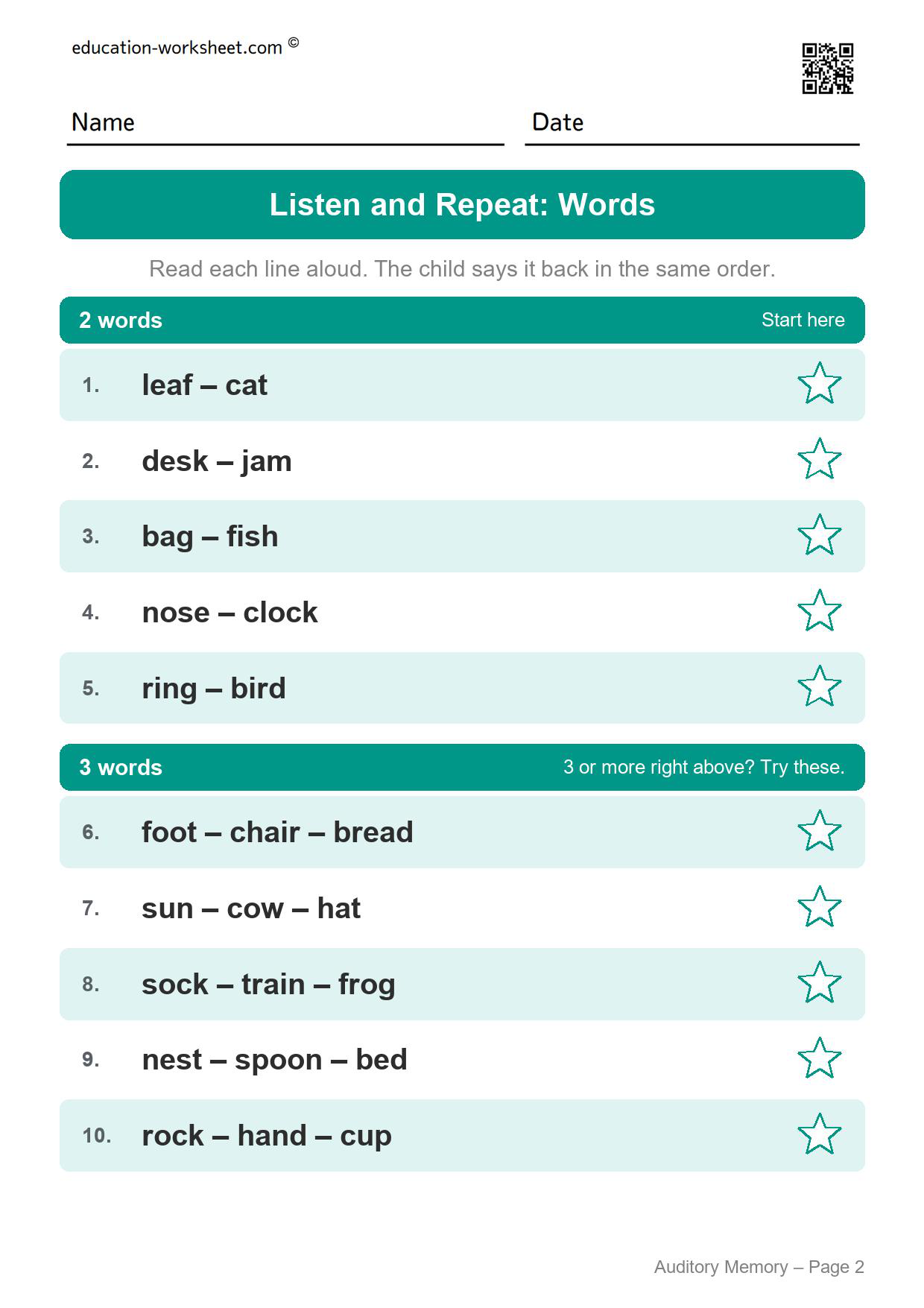Auditory memory worksheet page 2 with ten lines of two and three one-syllable words such as leaf, cat, desk and jam