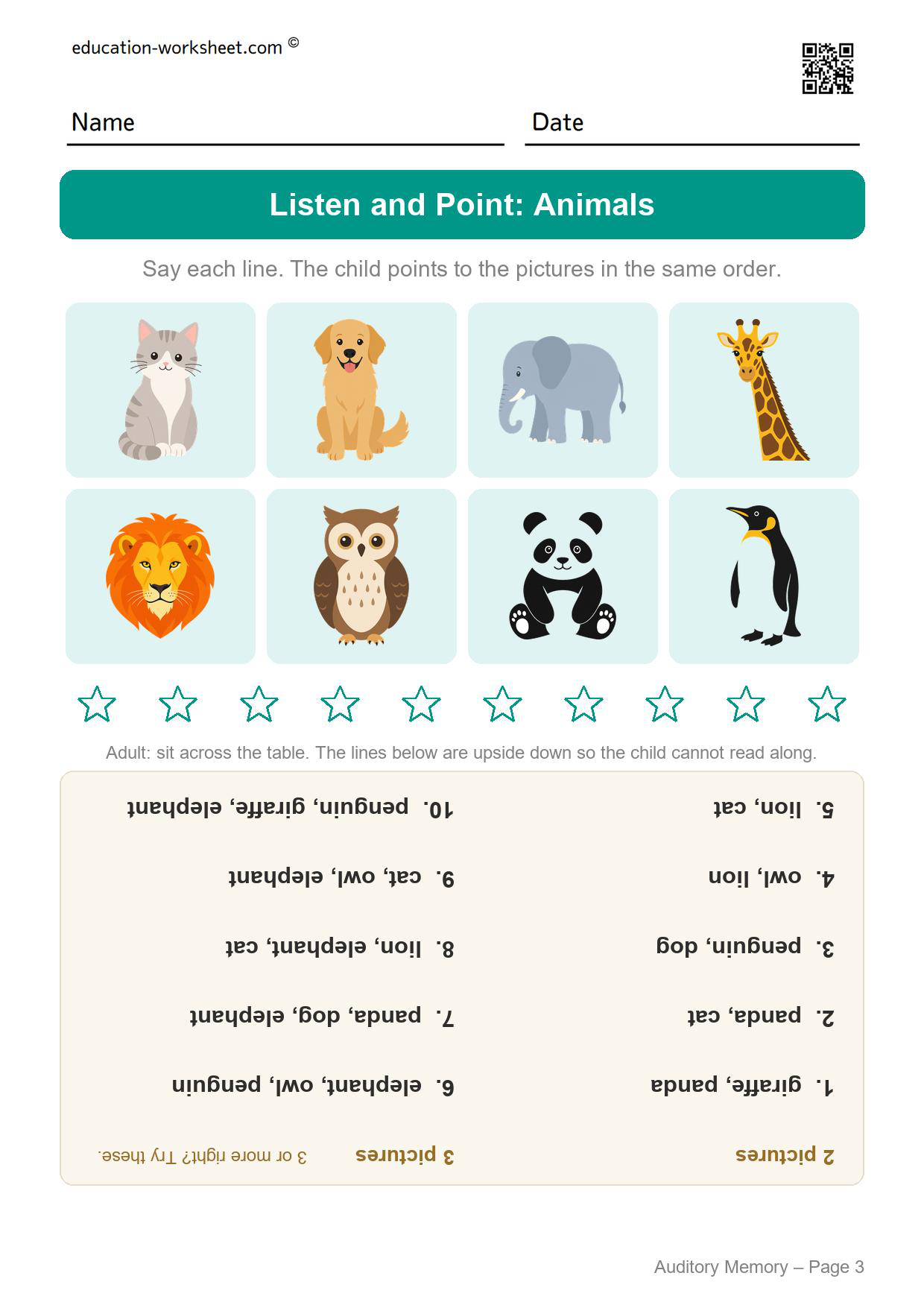 Auditory memory listen and point worksheet with eight animal pictures: cat, dog, elephant, giraffe, lion, owl, panda and penguin