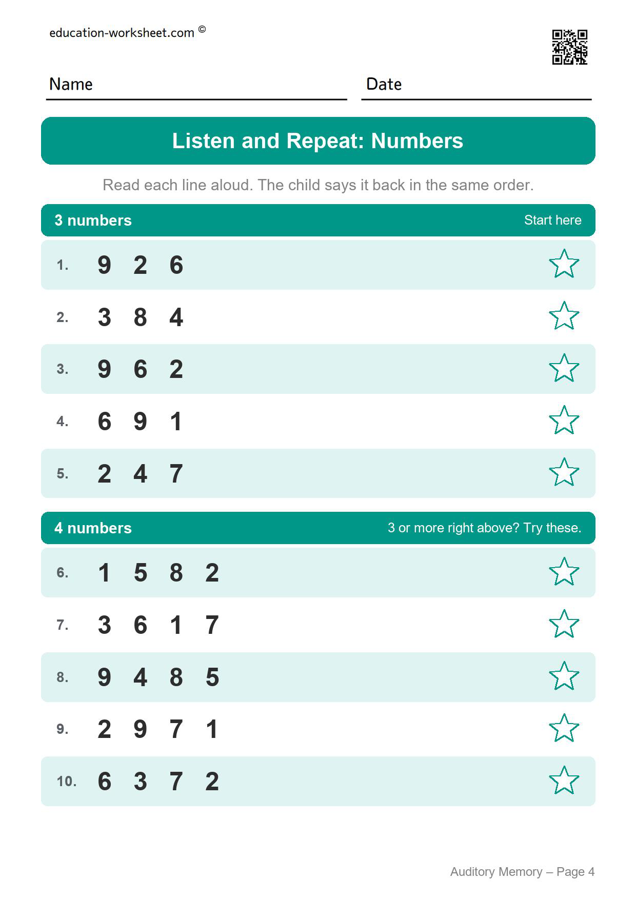 Auditory memory worksheet page 4 with ten lines of three and four numbers to repeat in order