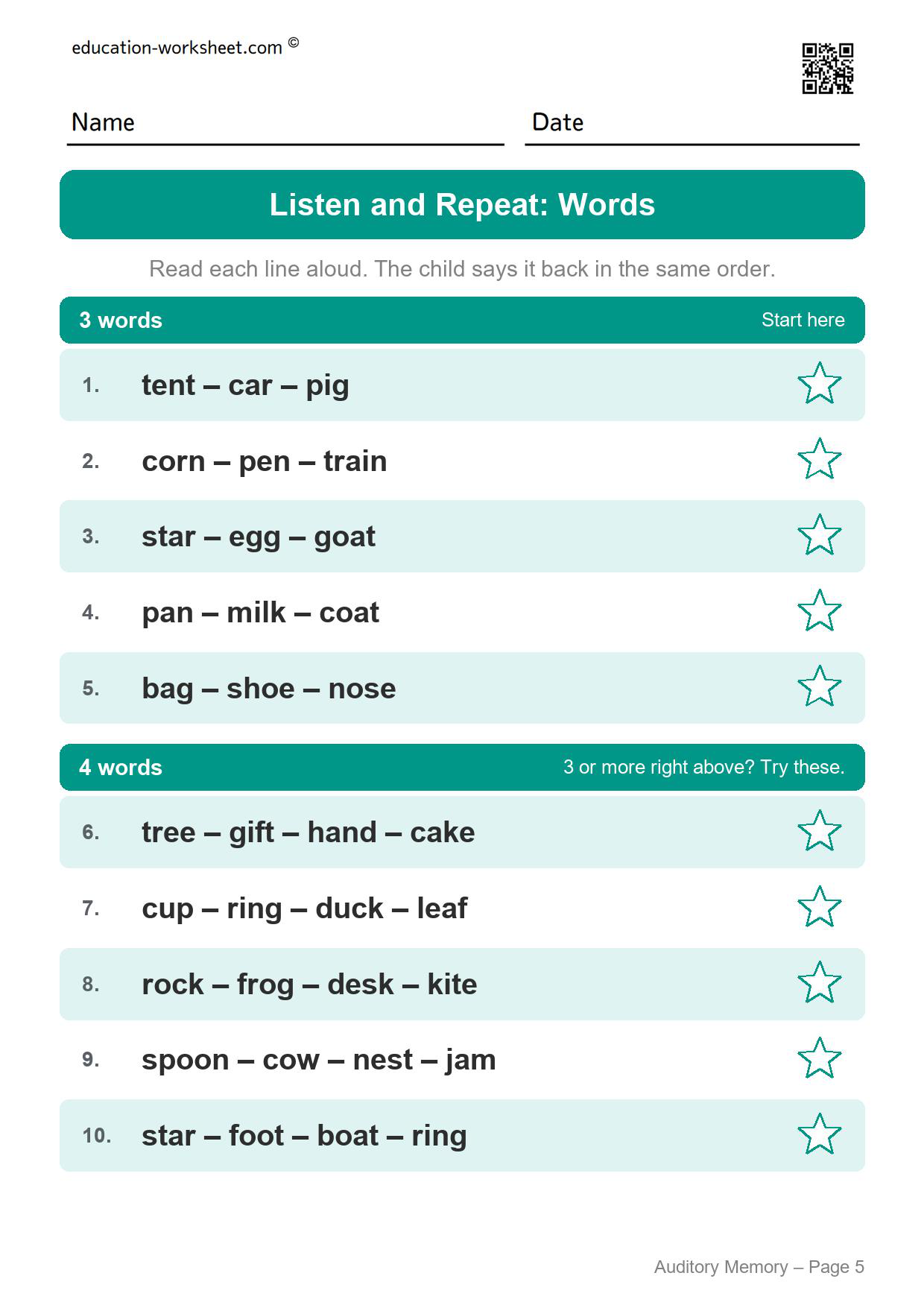 Auditory memory worksheet page 5 with ten lines of three and four one-syllable words to repeat in order