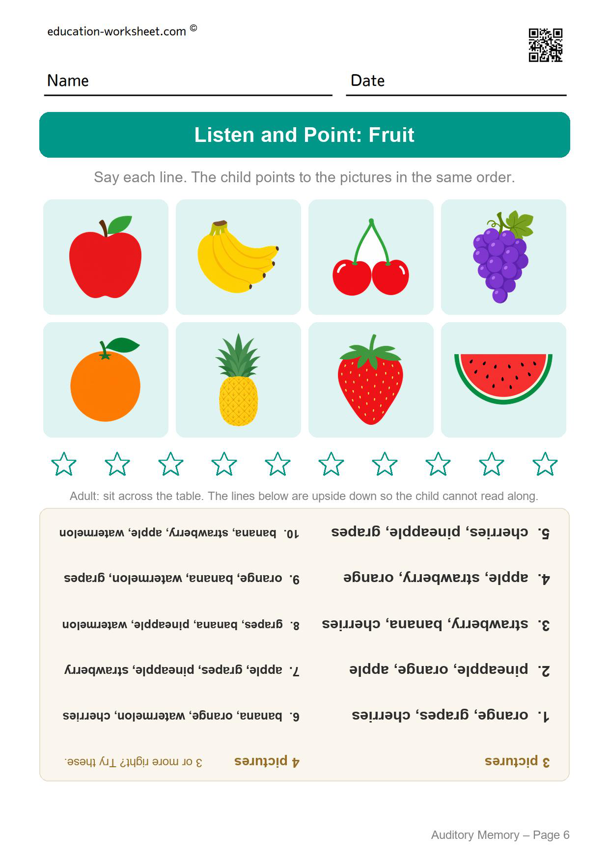 Auditory memory listen and point worksheet with eight fruit pictures including apple, banana, cherries, grapes, orange and watermelon