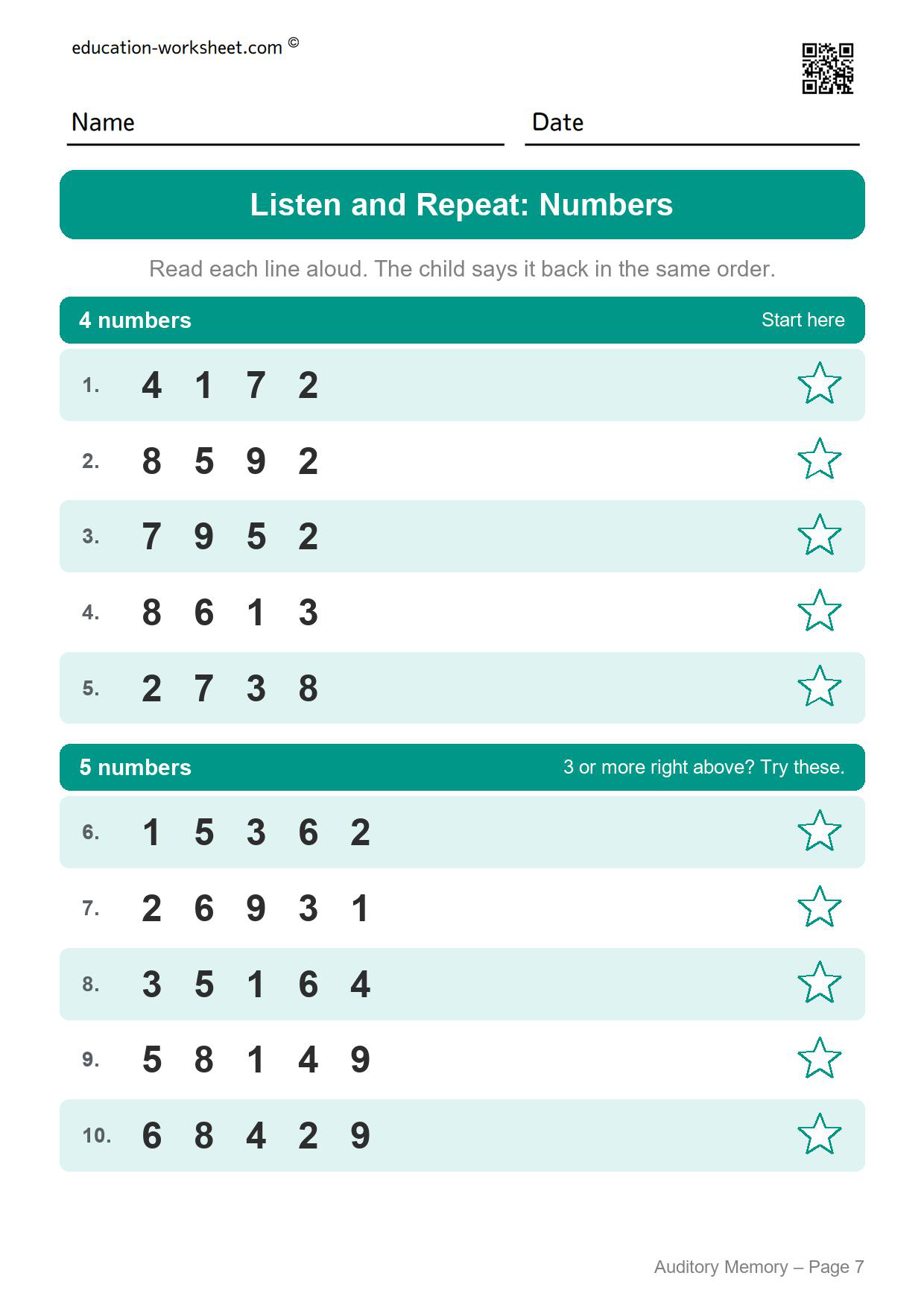 Auditory memory worksheet page 7 with ten lines of four and five numbers to repeat in order