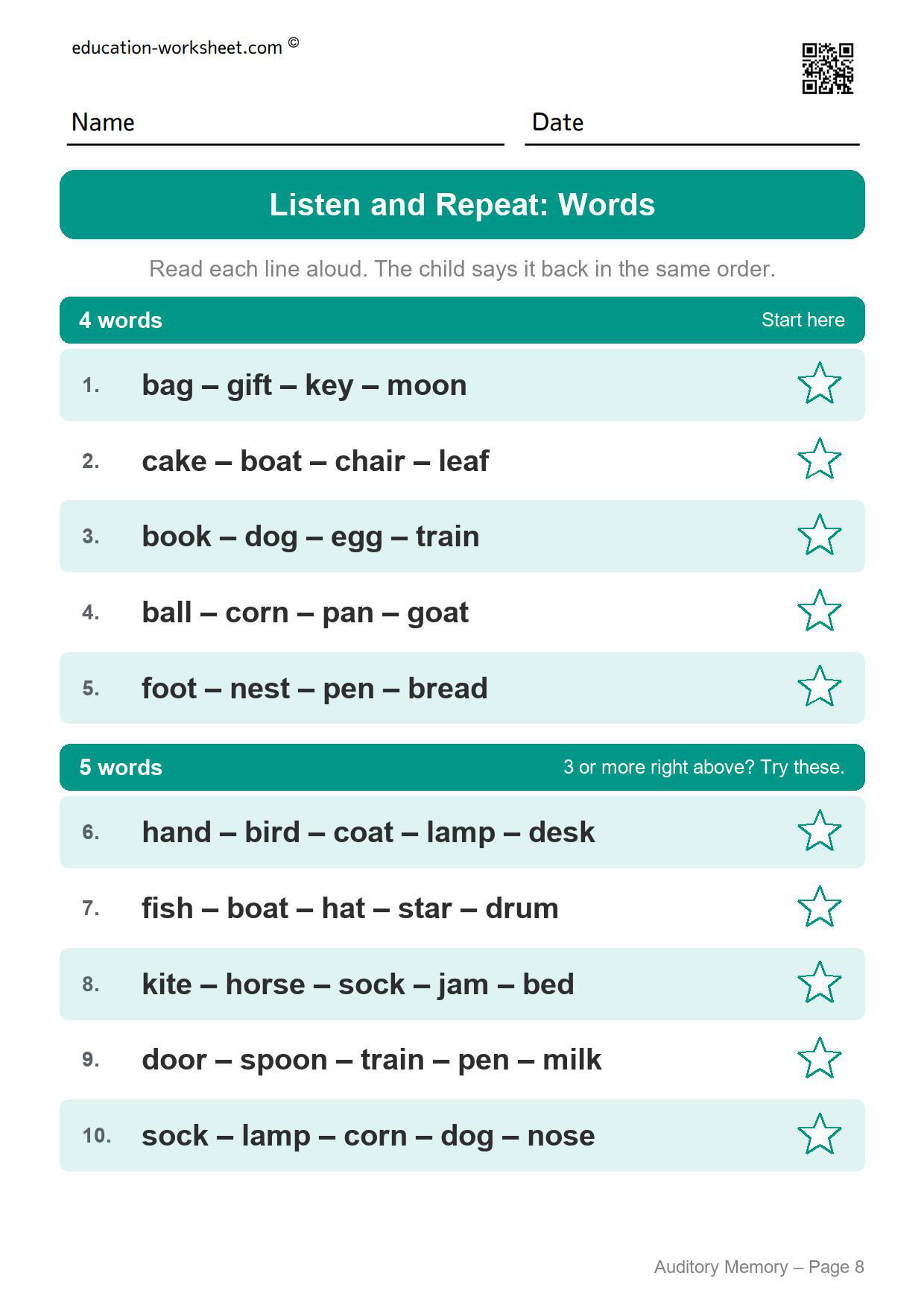 Auditory memory worksheet page 8 with ten lines of four and five one-syllable words to repeat in order
