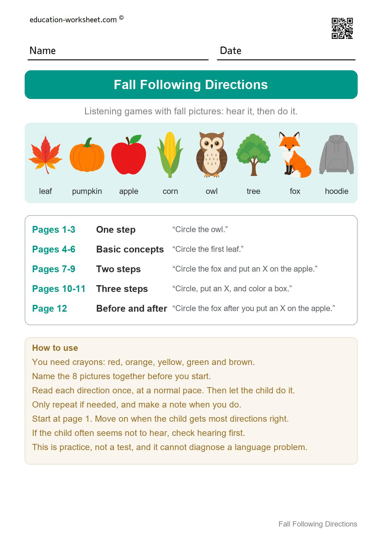 Start Here – The Eight Fall Pictures and How to Use the Pack - Free Fall Following Directions Worksheets – 1, 2 and 3 Steps
