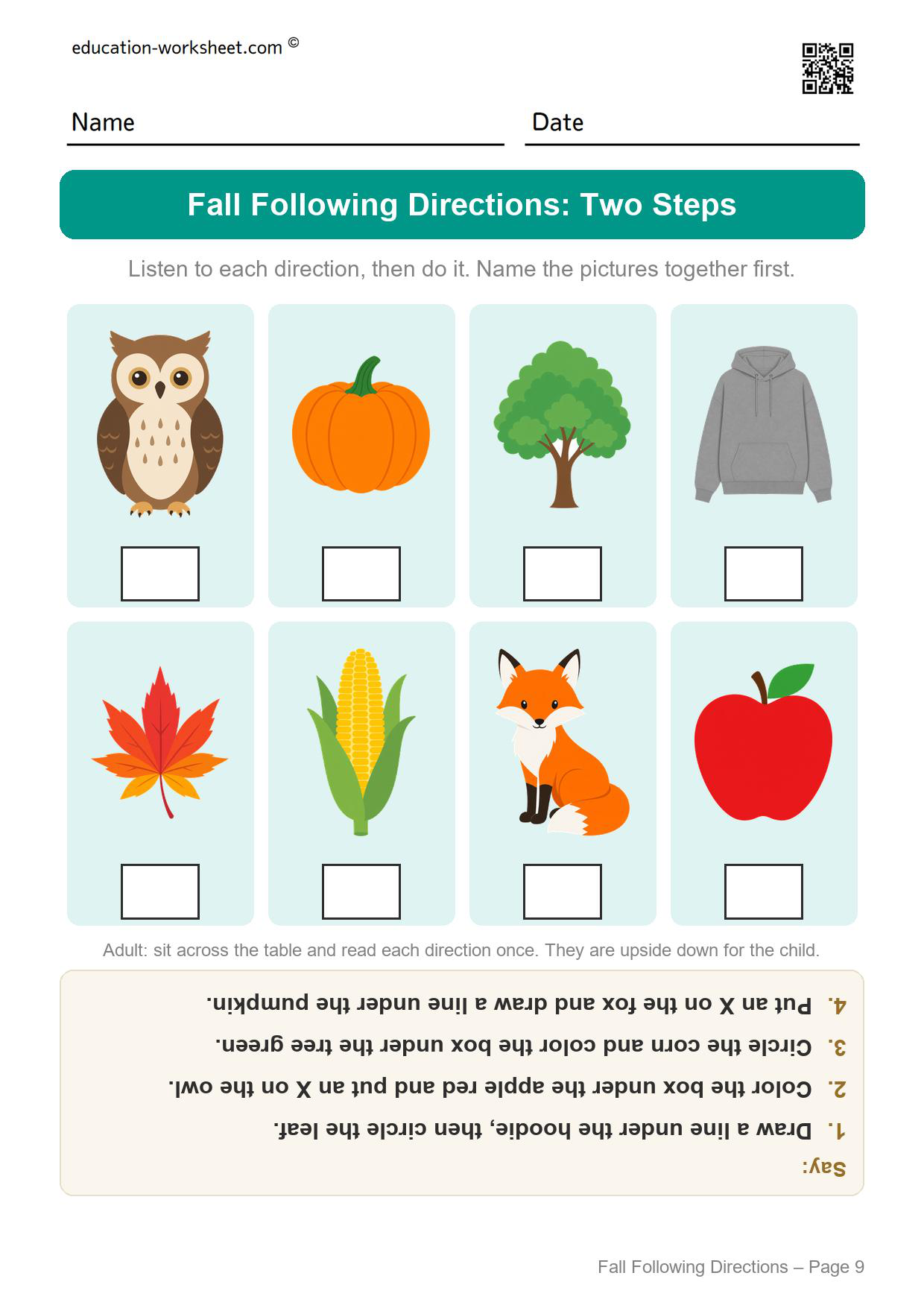 Fall following directions worksheet page 9 with four two-step directions