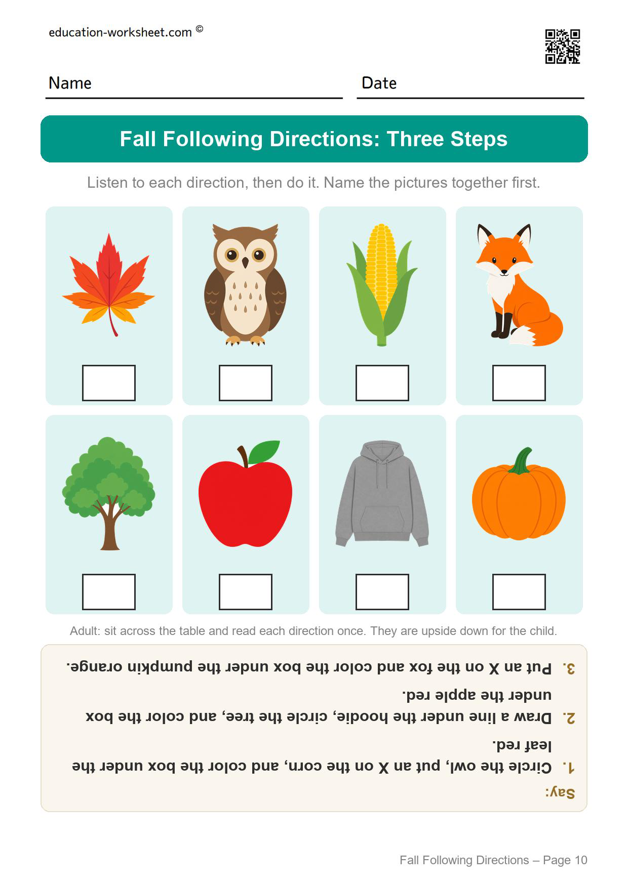 Fall following directions worksheet page 10 with three-step directions