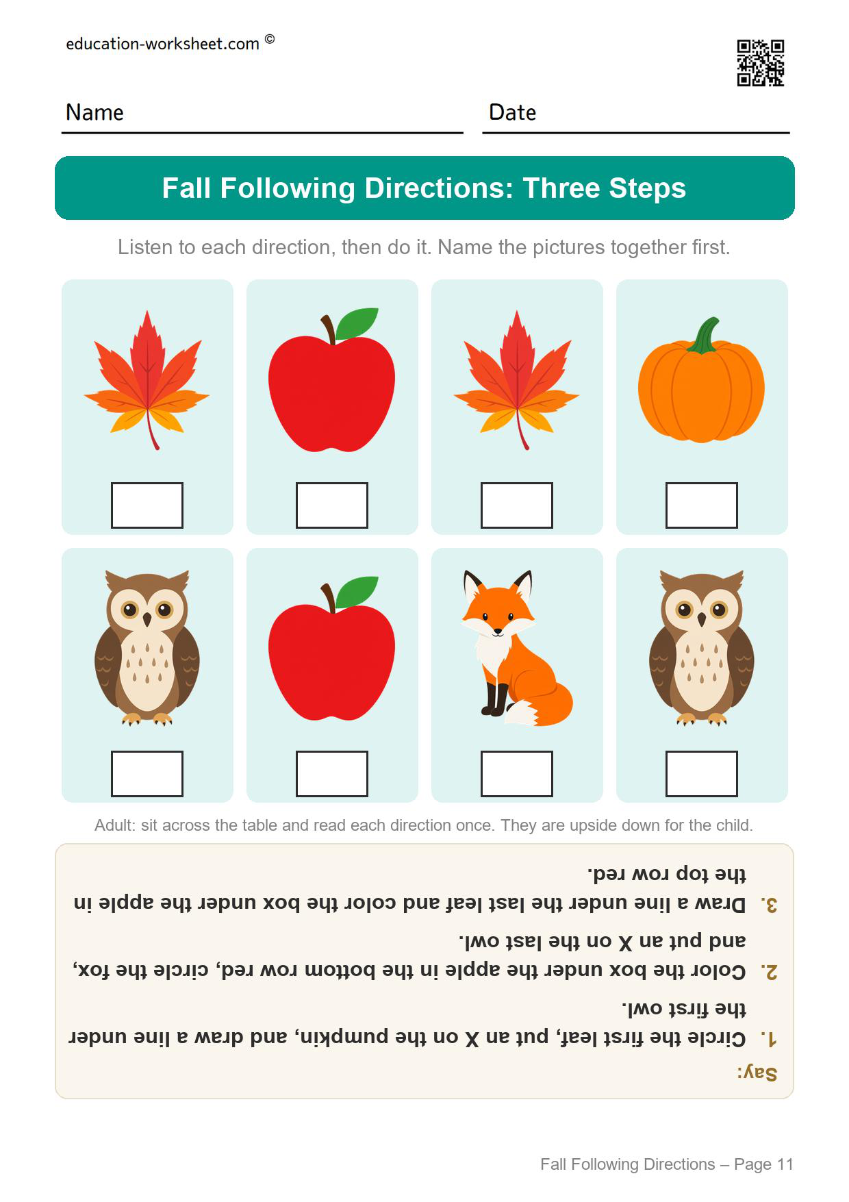Fall following directions worksheet page 11 with three-step directions using first, last and rows