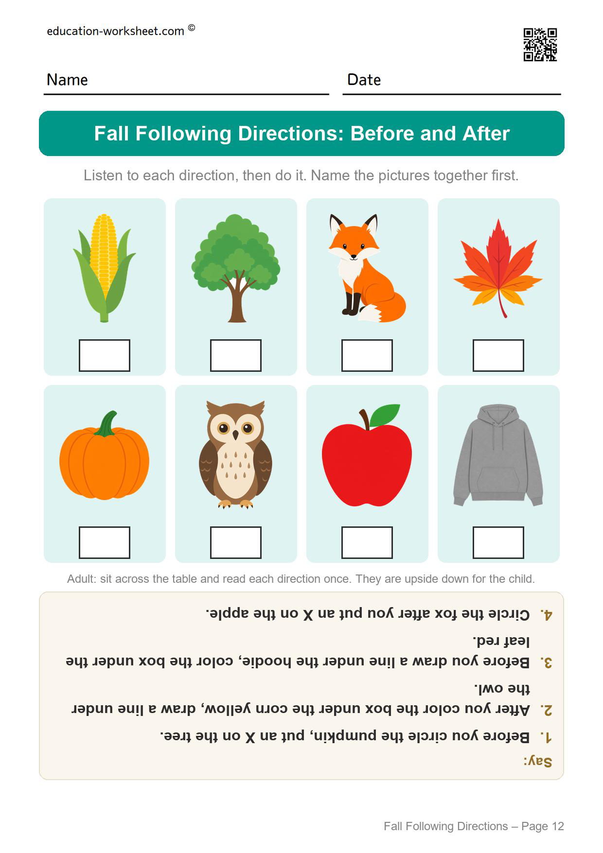 Fall following directions worksheet page 12 with before and after directions