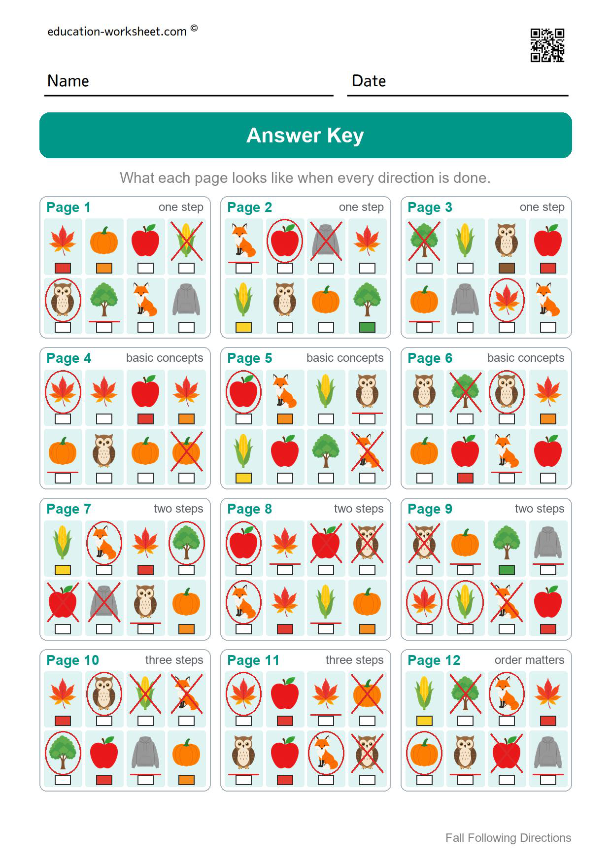 Fall following directions answer key showing all twelve pages with every direction completed