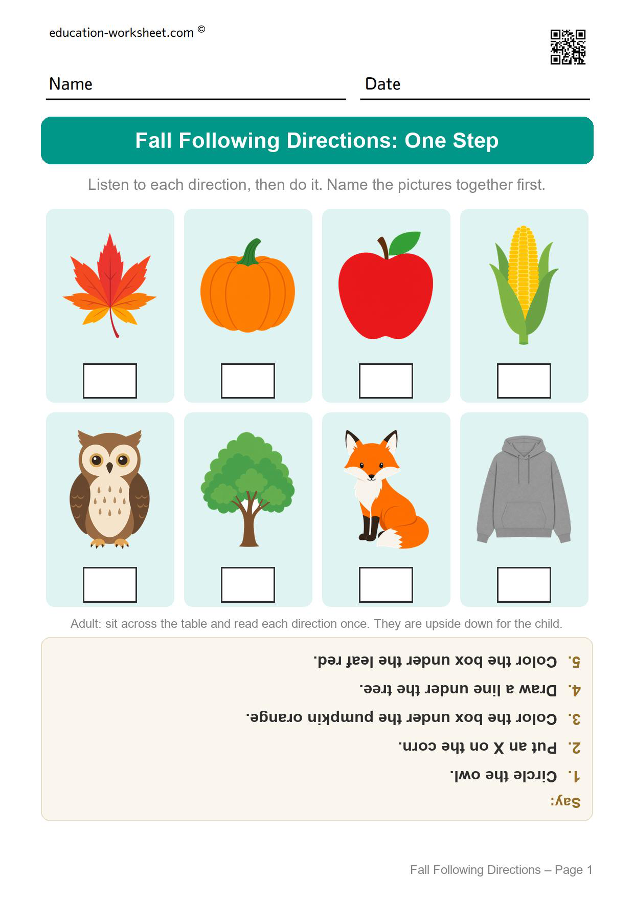 Fall following directions worksheet page 1 with eight fall pictures and five one-step directions such as circle the owl