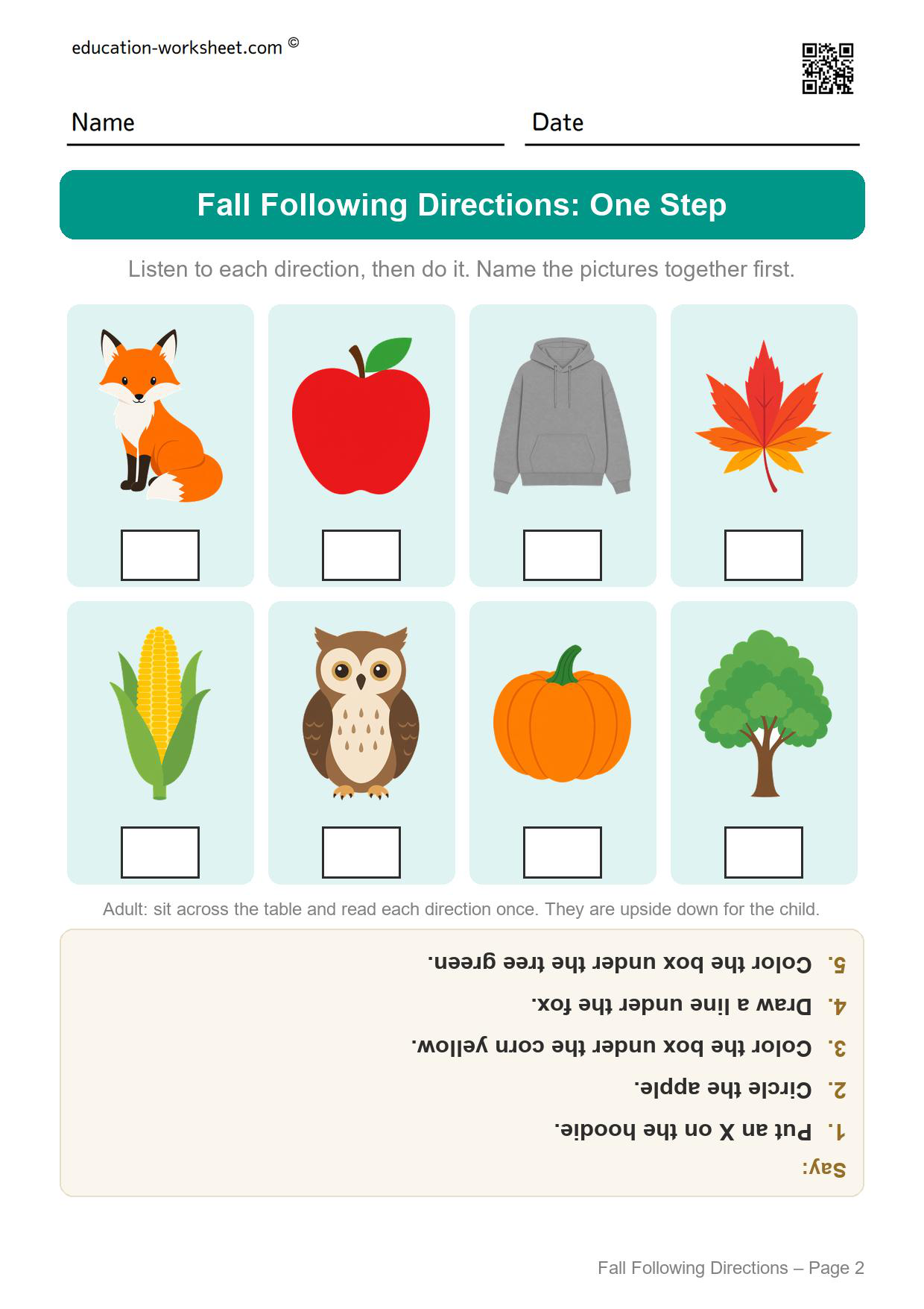 Fall following directions worksheet page 2 with five one-step directions