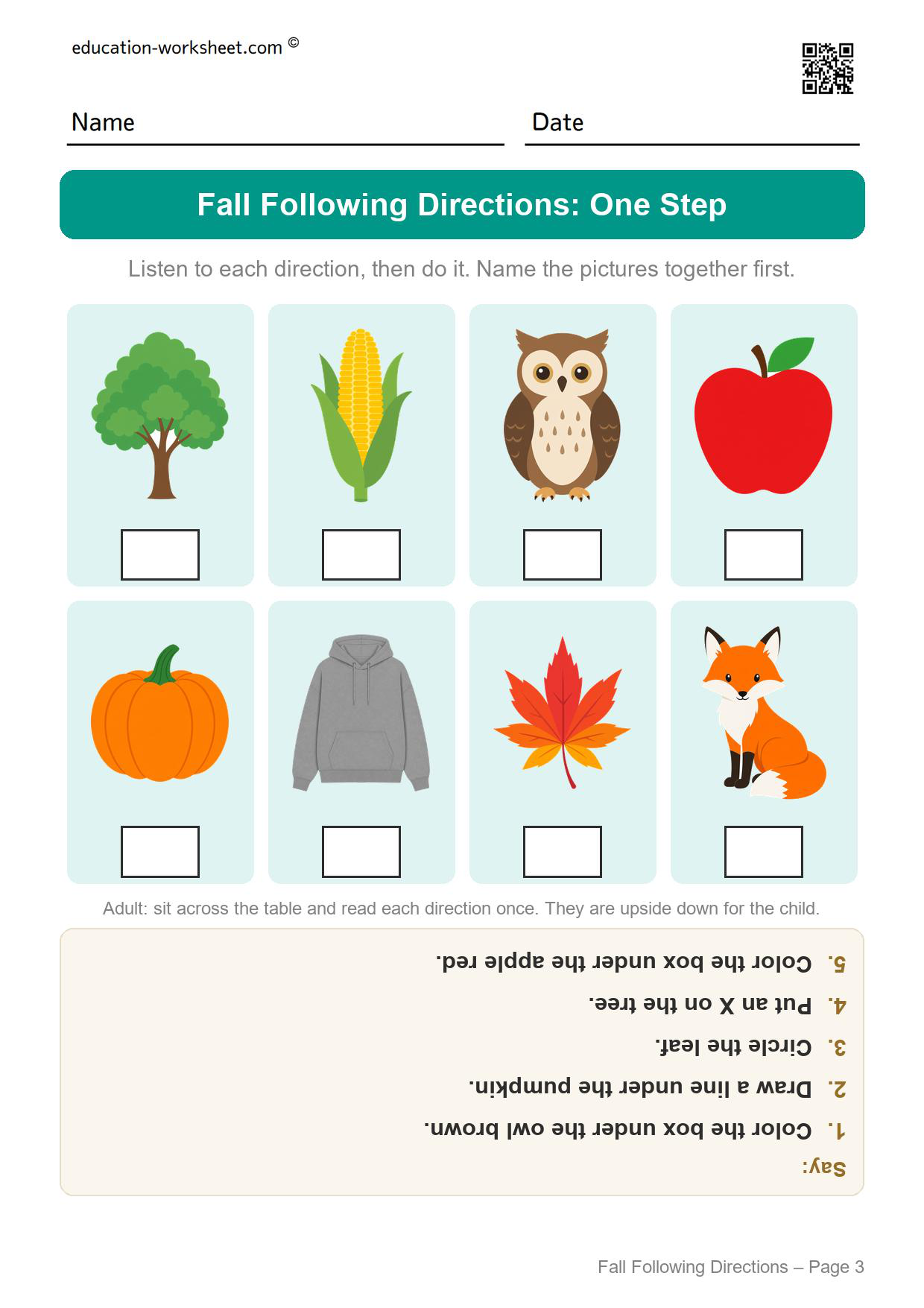 Fall following directions worksheet page 3 with five one-step directions