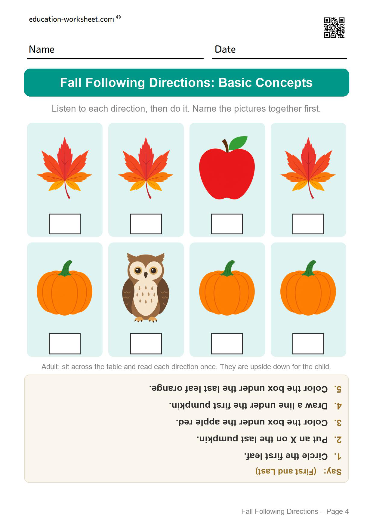 Fall following directions worksheet page 4 with three leaves and three pumpkins for first and last directions