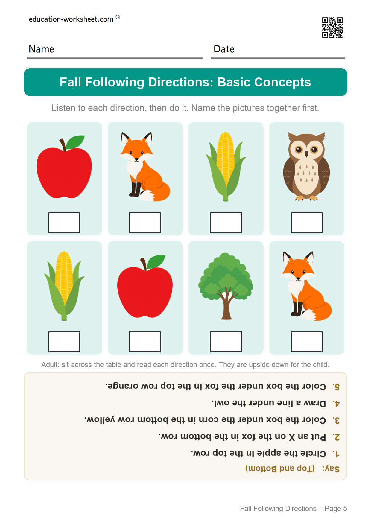 Fall following directions worksheet page 5 with repeated apples, corn and foxes for top row and bottom row directions