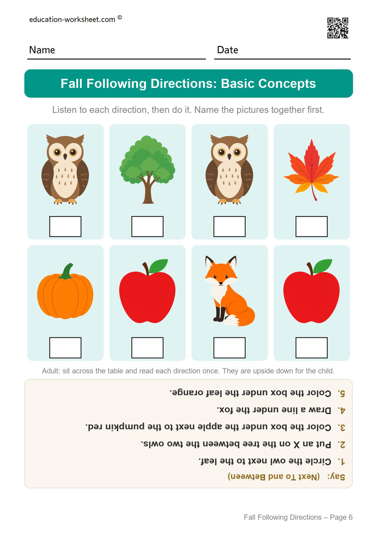 Fall following directions worksheet page 6 with two owls and two apples for next to and between directions