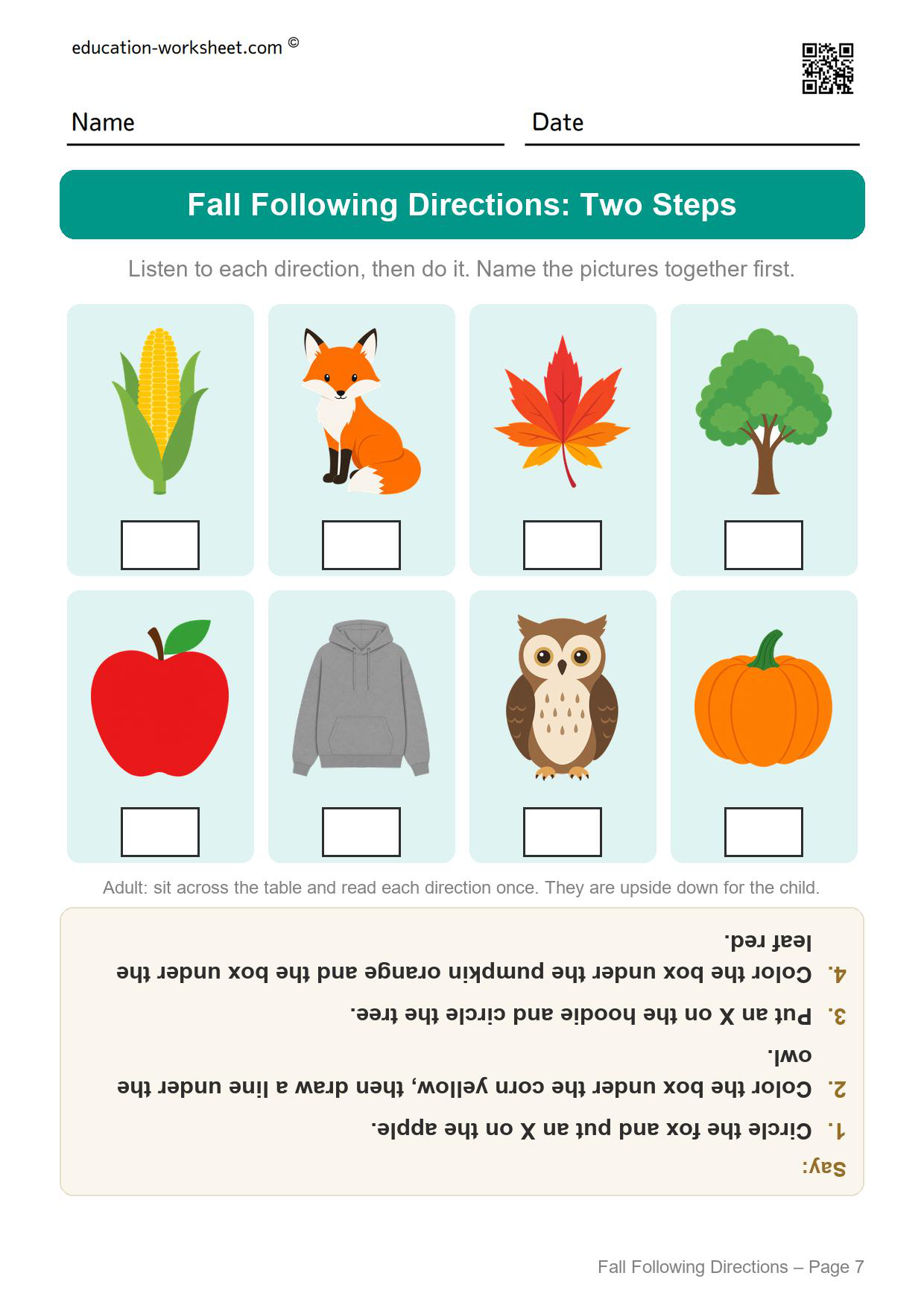 Fall following directions worksheet page 7 with four two-step directions