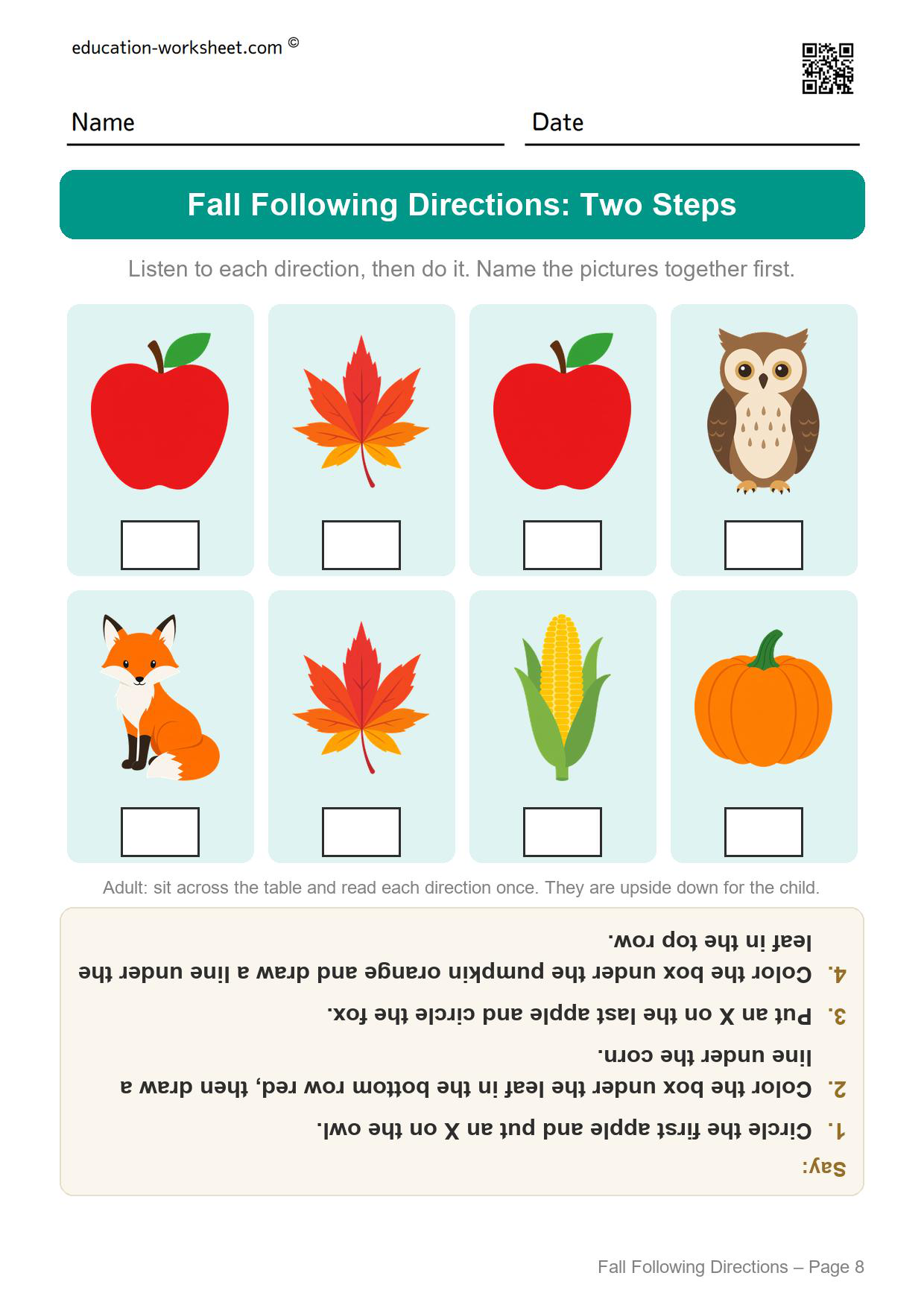 Fall following directions worksheet page 8 with two-step directions using first, last, top row and bottom row