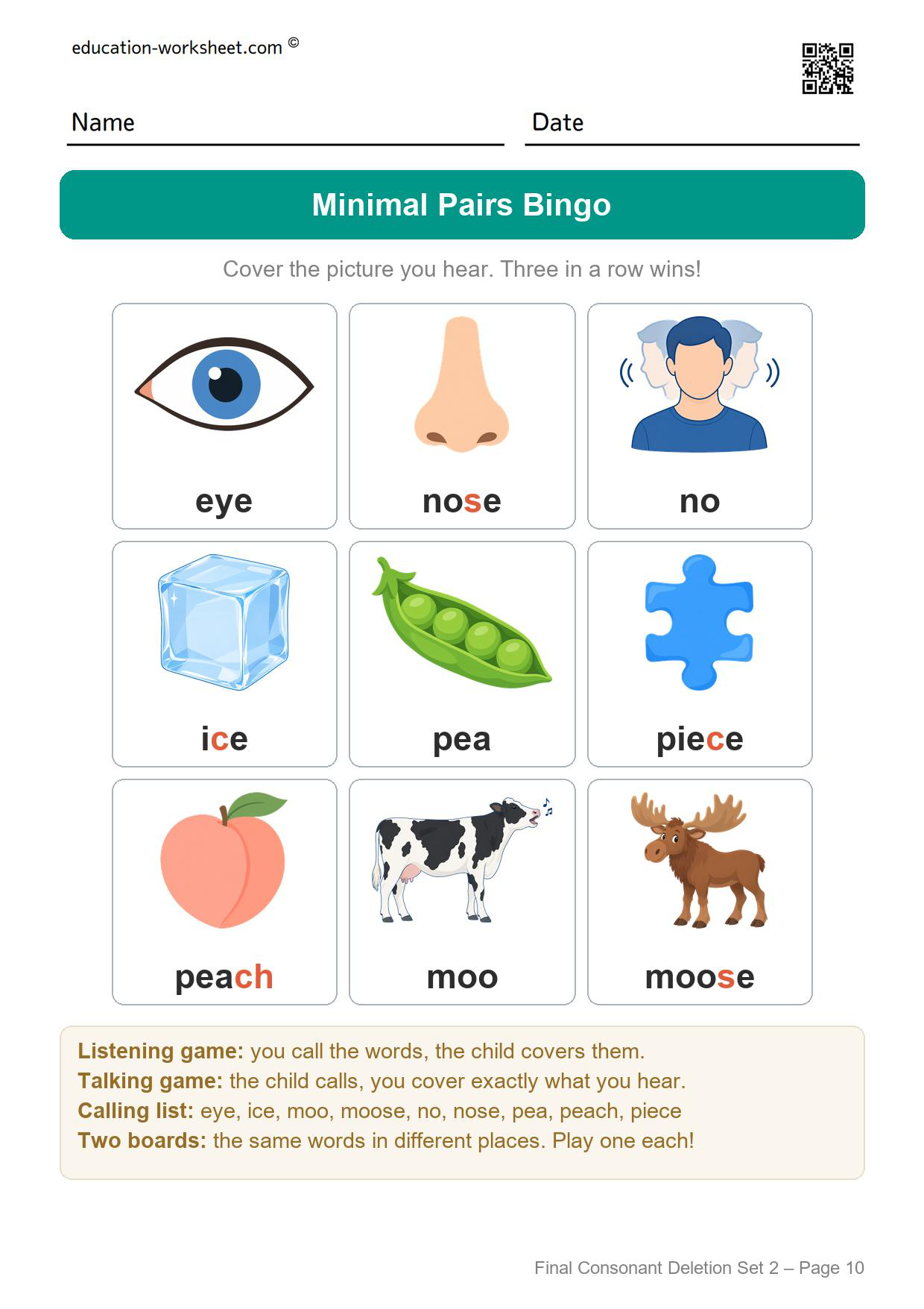Final consonant deletion set 2 minimal pairs bingo board with nine pictures