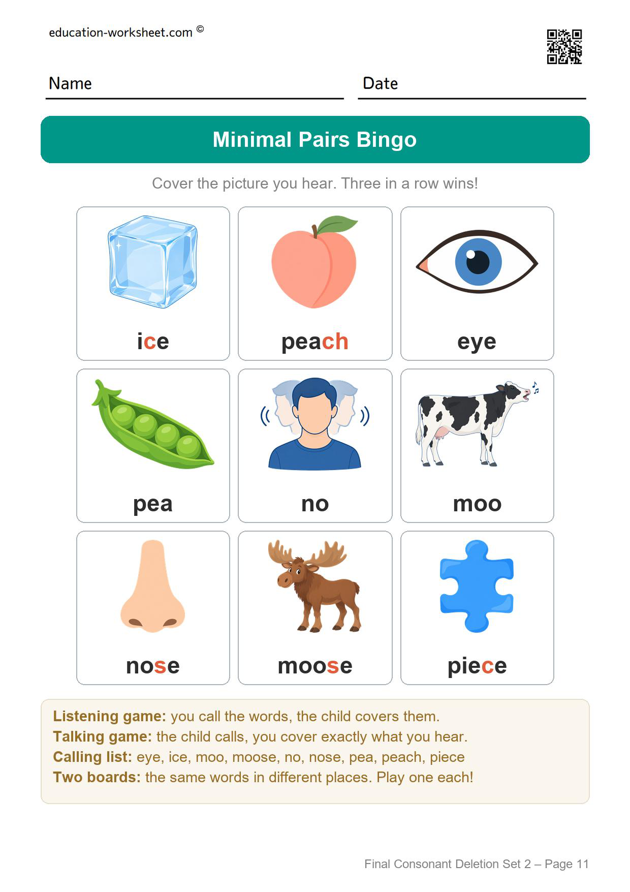 Final consonant deletion set 2 minimal pairs bingo board 2 with the same nine pictures in different places