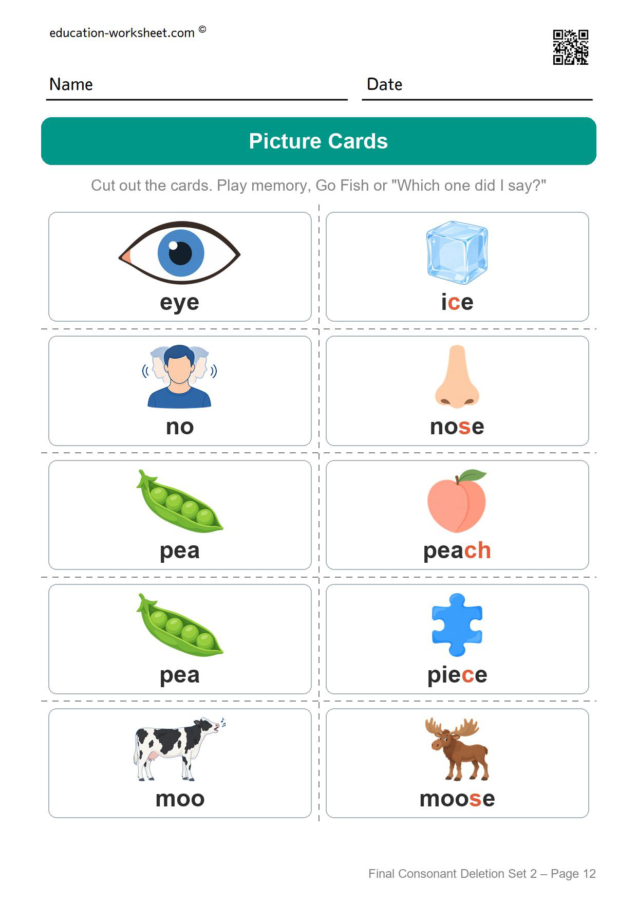 Final consonant deletion set 2 picture cards to cut out, ten cards for the five minimal pairs