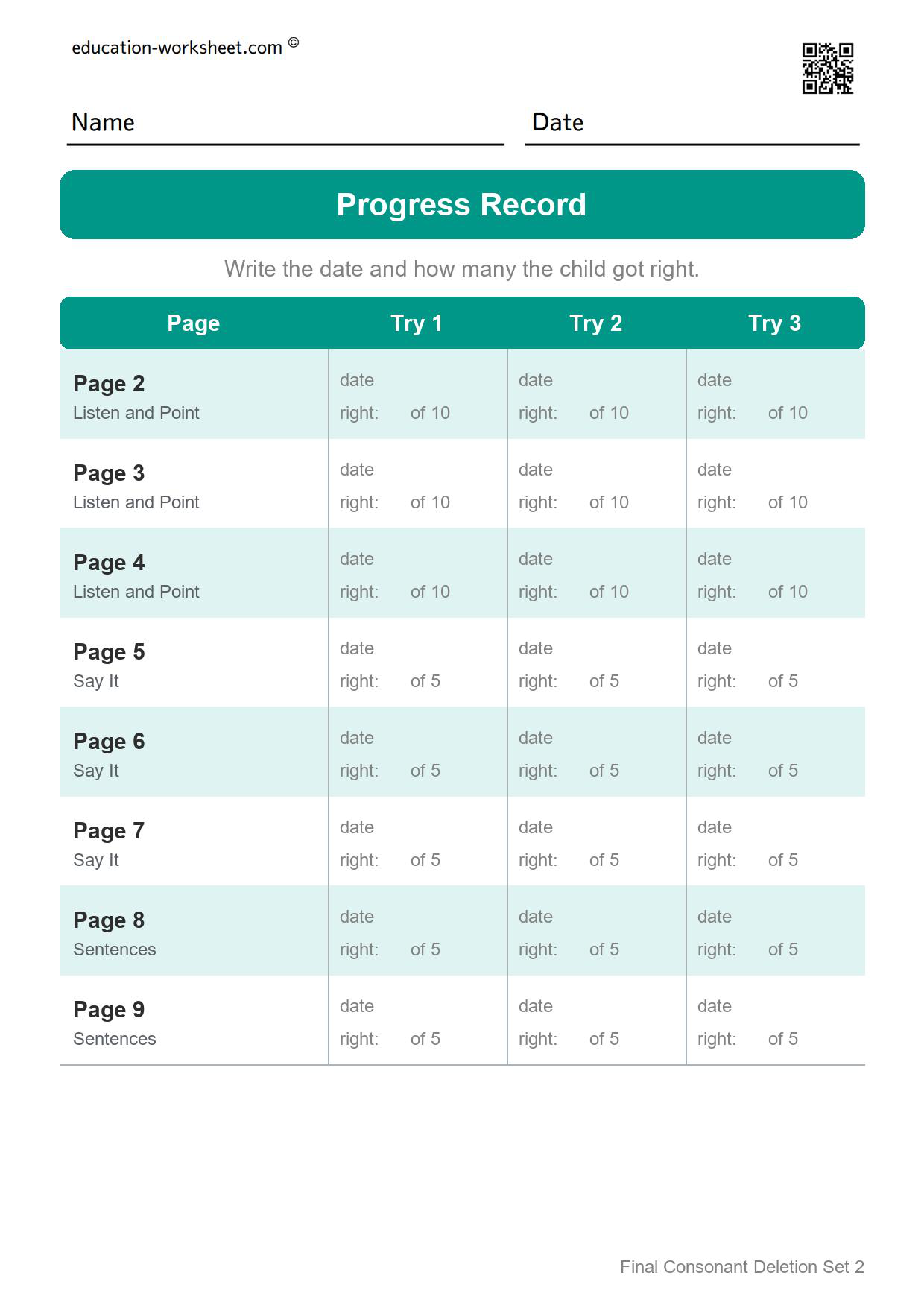 Final consonant deletion set 2 progress record for pages 2 to 9 with space for the date and number correct