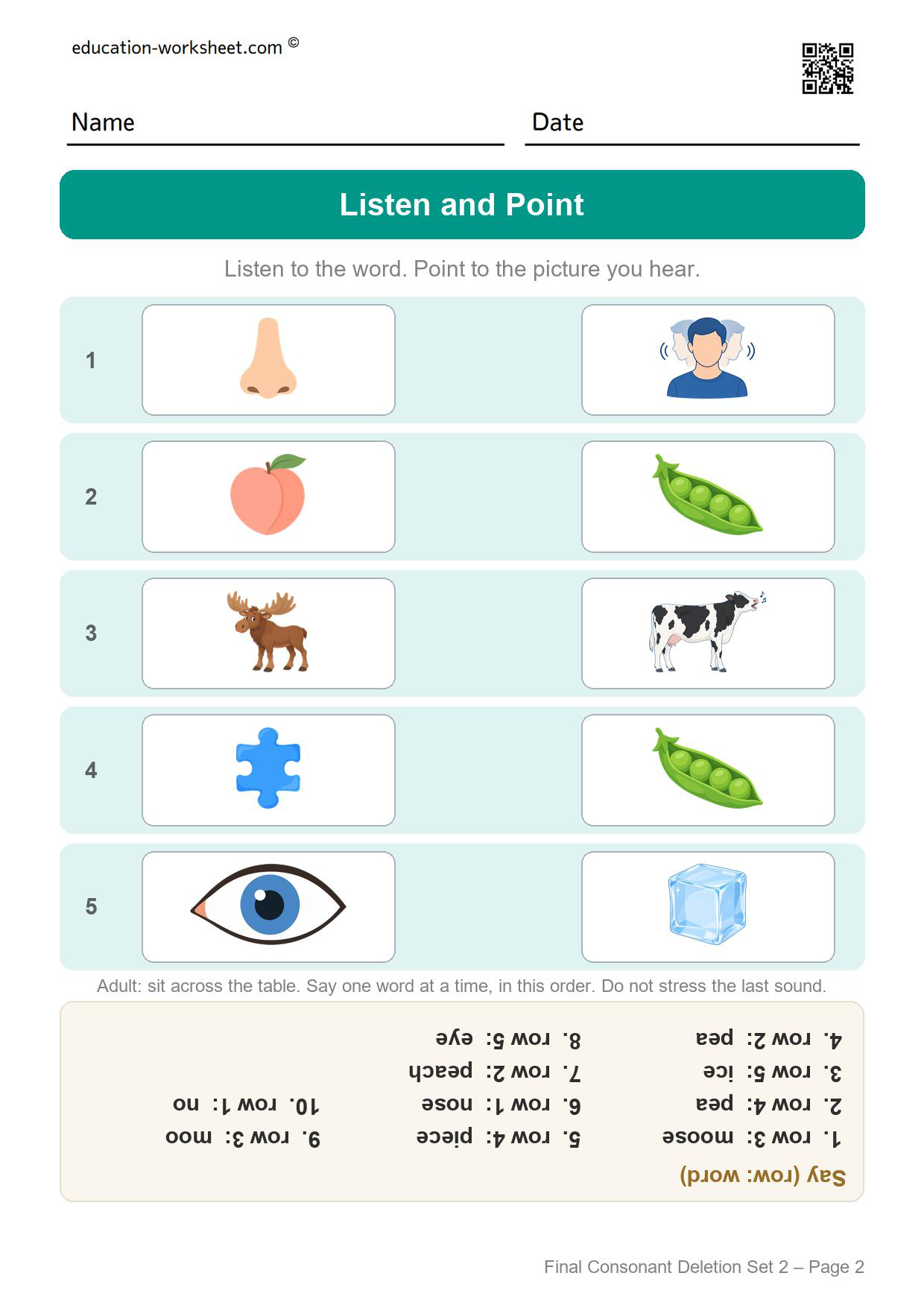 Final consonant deletion set 2 listen and point worksheet with five rows of minimal pair pictures and an upside-down word list for the adult