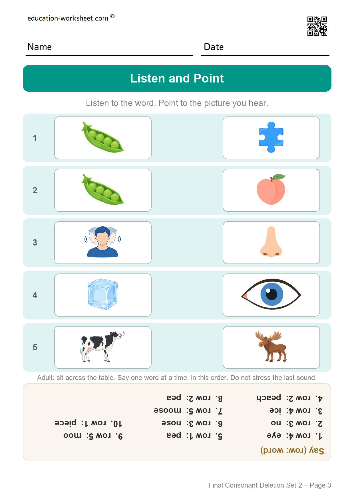 Final consonant deletion set 2 listen and point worksheet with the pairs in a new order