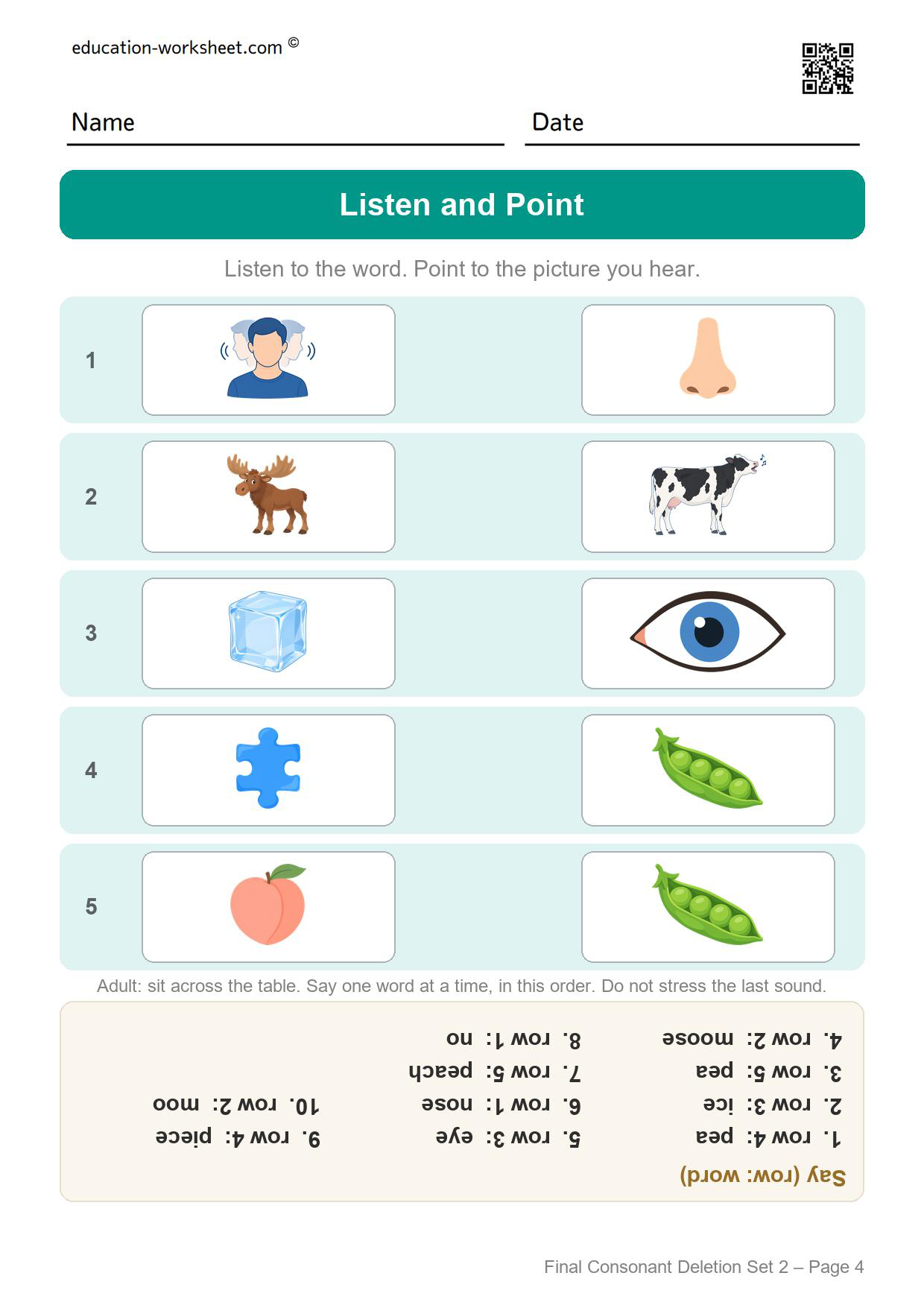 Final consonant deletion set 2 listen and point worksheet set 3 with ten words for the adult to say