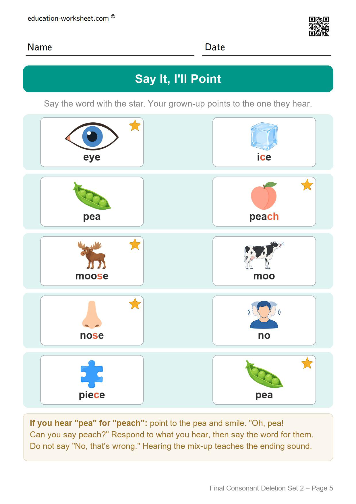 Final consonant deletion set 2 say it worksheet with five minimal pairs and a star on the word the child should say