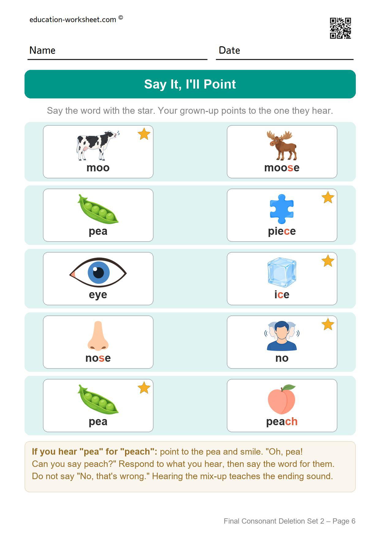 Final consonant deletion set 2 say it worksheet asking for the other word in each pair