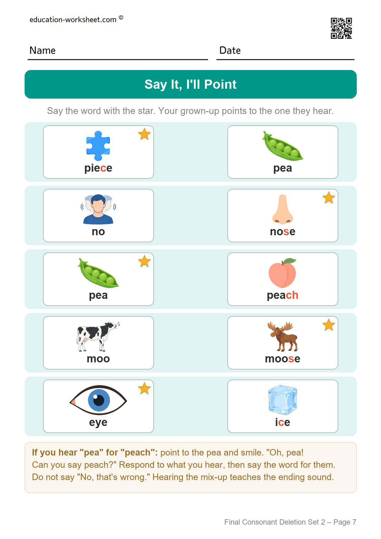 Final consonant deletion set 2 say it worksheet set 3 with a new mix of star words