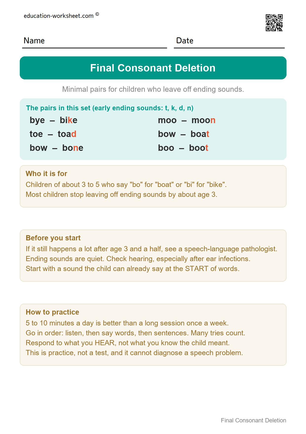 Start Here – A Guide for the Adult - Free Final Consonant Deletion Worksheets – Minimal Pairs PDF