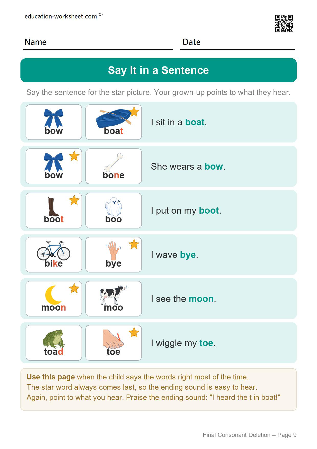 Final consonant deletion sentence worksheet set 2 with the other word from each pair